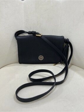 Tory Burch Black Pebbled Leather Flap Crossbody with Gold Logo
